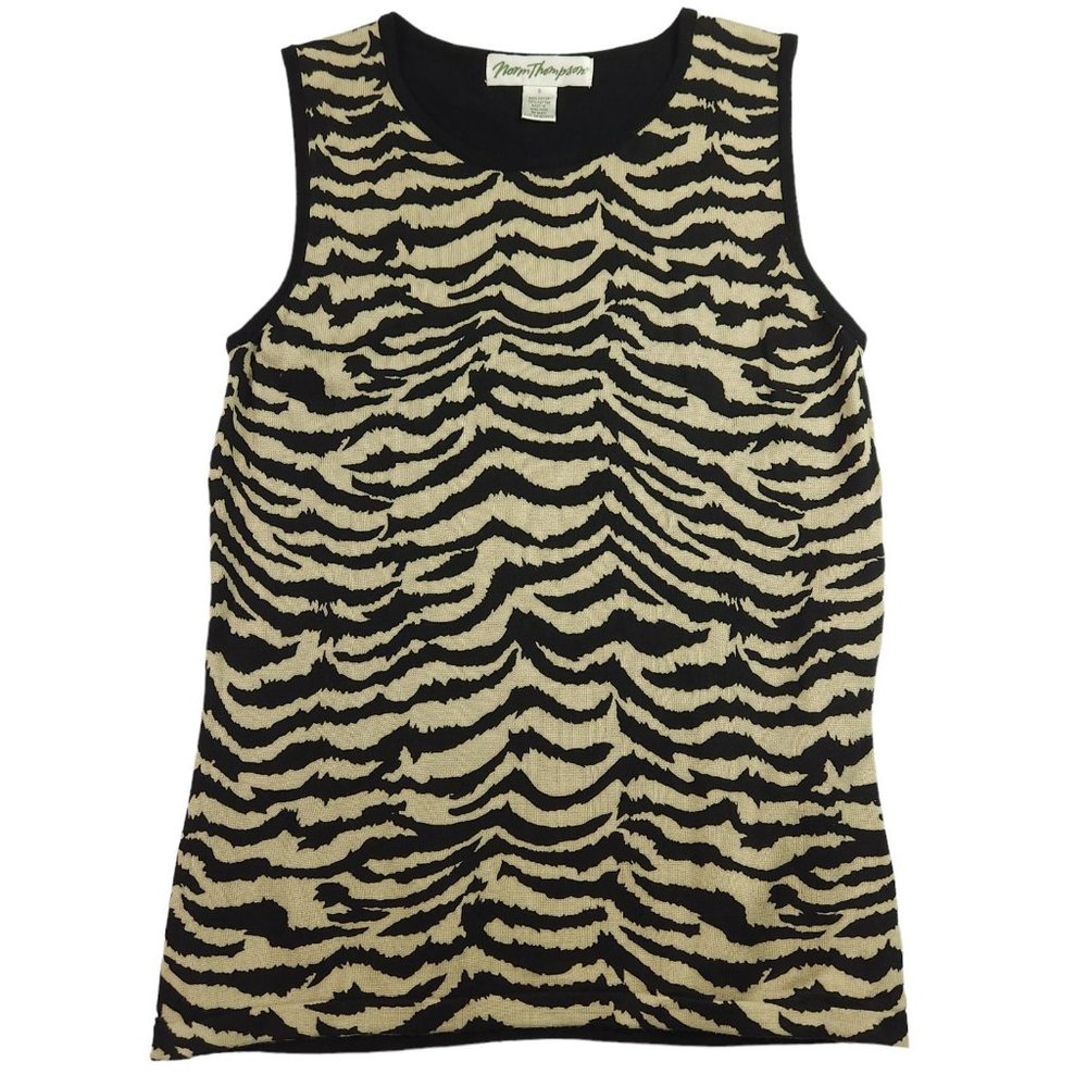 Norm Thompson Womens Sweater Top Size S Animal Tiger Print Sleeveless Knit VTG